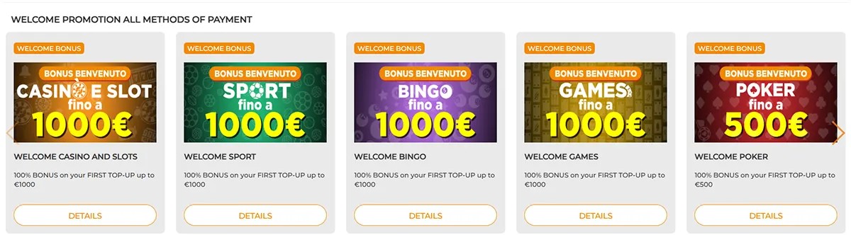 Casino welcome promotions section displaying bonus offers for casino and slots, sport, bingo, games, and poker, with bonus amounts up to €1,000 and €500.