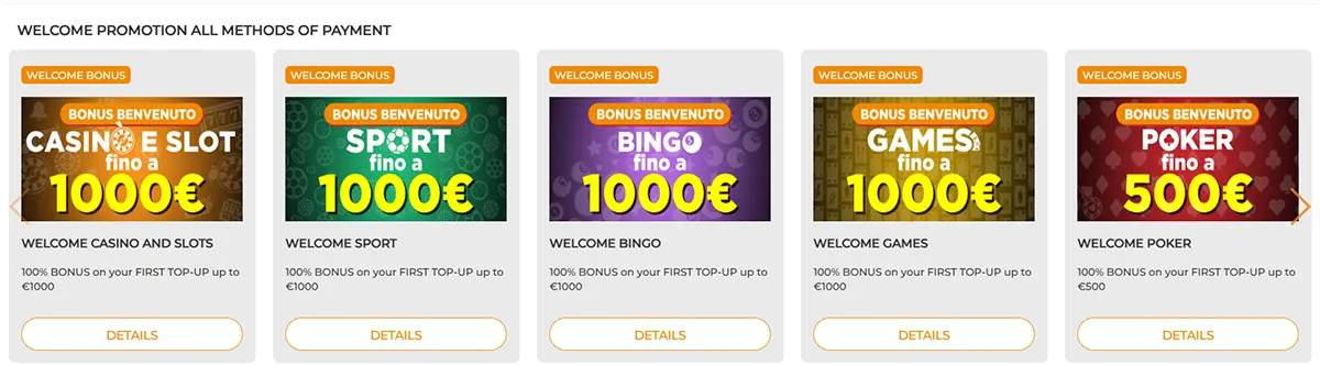 Casino welcome promotions section displaying bonus offers for casino and slots, sport, bingo, games, and poker, with bonus amounts up to €1,000 and €500.