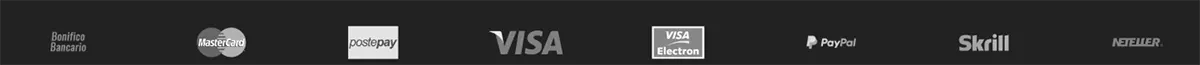 Payment methods banner on a dark background featuring Bonifico Bancario, Mastercard, Postepay, Visa, Visa Electron, PayPal, Skrill, and Neteller logos.