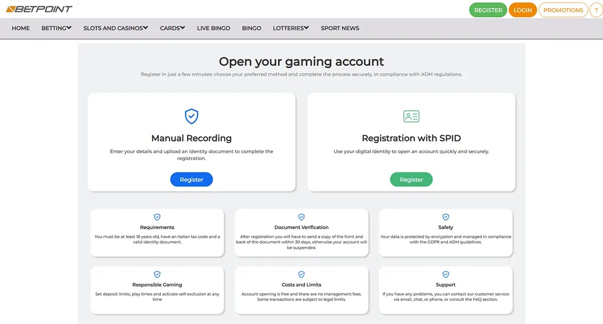 Betpoint account registration page showing two signup options, manual recording and SPID registration, with additional information cards for requirements, document verification, safety, responsible gaming, costs and limits, and support.