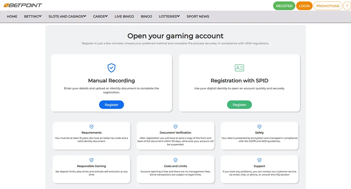 Betpoint account registration page showing two signup options, manual recording and SPID registration, with additional information cards for requirements, document verification, safety, responsible gaming, costs and limits, and support.